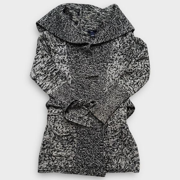 GAP BLACK WHITE BELTED CARDIGAN RIBBED CUFFS POCKETS COZY LARGE - Picture 3 of 9